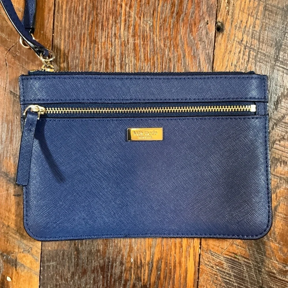 Kate Spade New York Blue Saffiano Leather Zip Wristlet Clutch